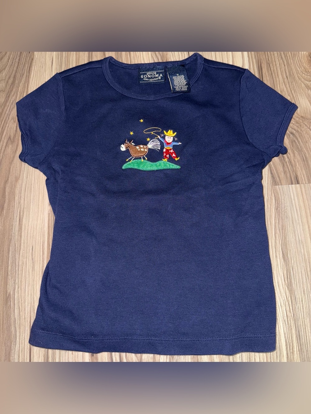 Sonoma Navy Tee with Embroidered Cowboy and Horse Y2K Vintage Size 7